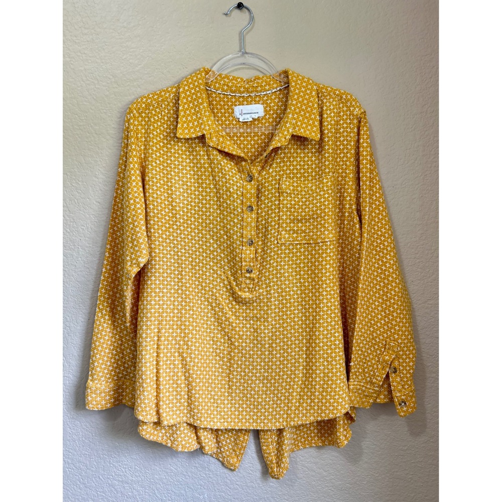 Anthropologie Shirt XL Kantha Mustard Yellow Embroidered Button Boho Cottage Pop
